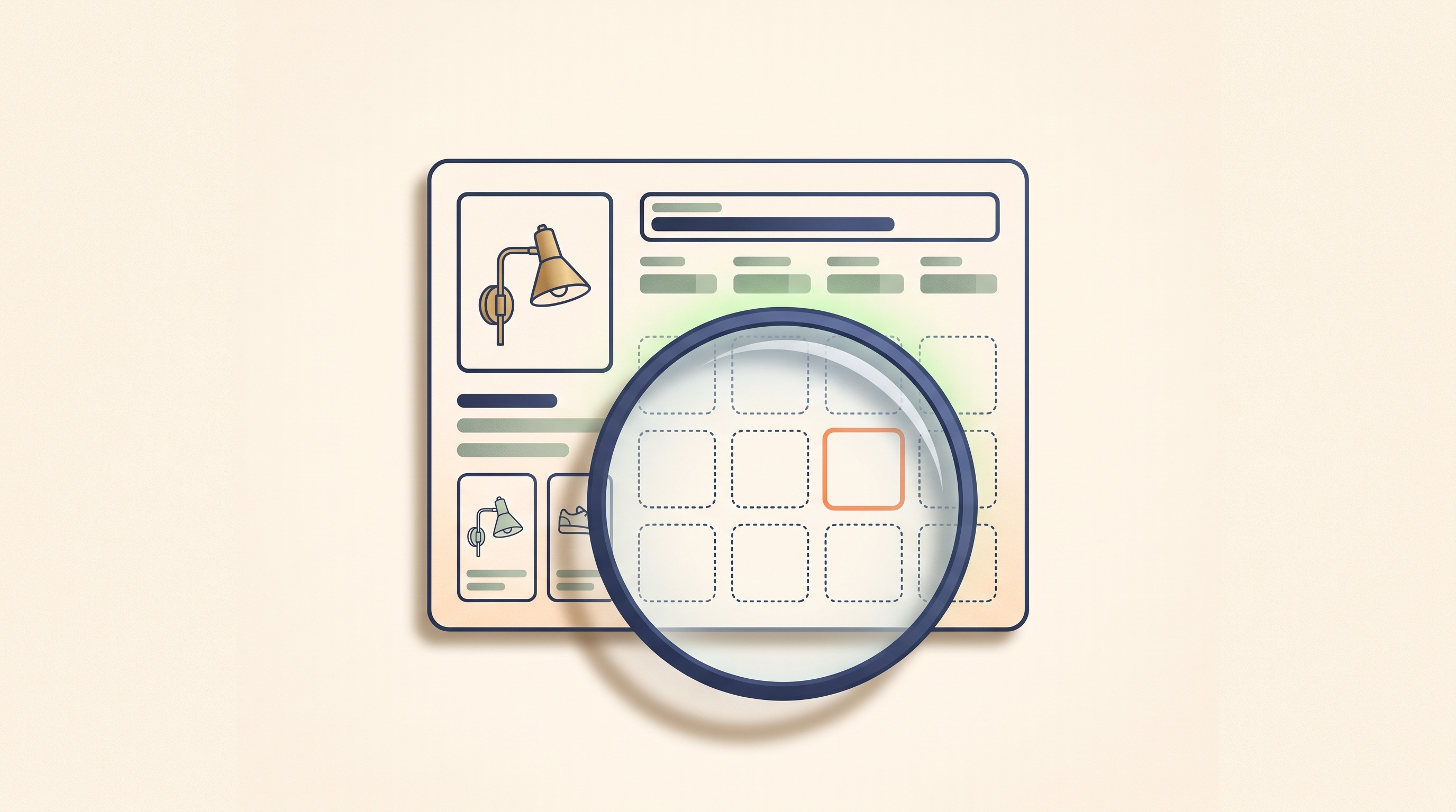 A product listing card that looks complete on the surface, with a magnifying lens revealing ten empty attribute slots underneath and one outlined in orange