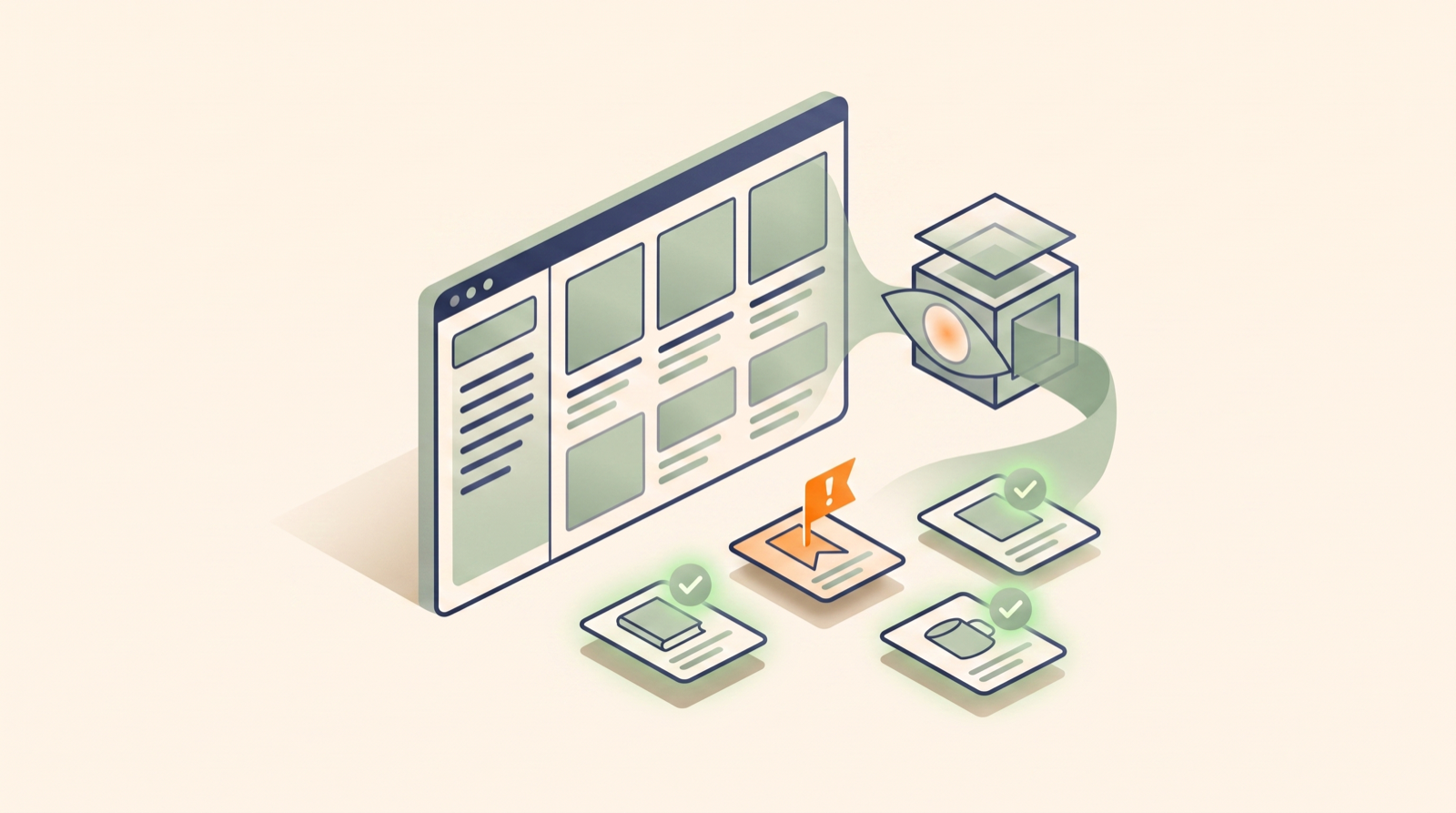 Editorial illustration of an AI agent scanning a grid of product cards and highlighting feed findings, in navy and warm orange on cream.