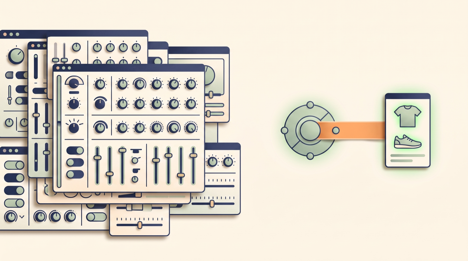 Editorial illustration contrasting a dense feed-tool control dashboard you operate by hand with a single AI agent connected to one clean, healthy Shopify product feed.