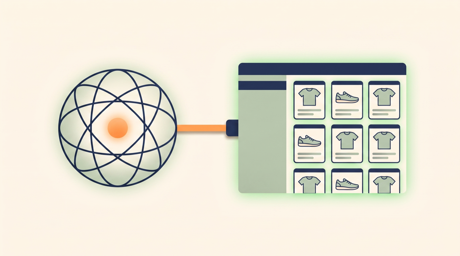 Abstract editorial illustration of an AI agent organizing a Shopify product feed: data streams converging into a tidy grid of product cards, in navy and warm orange on cream.