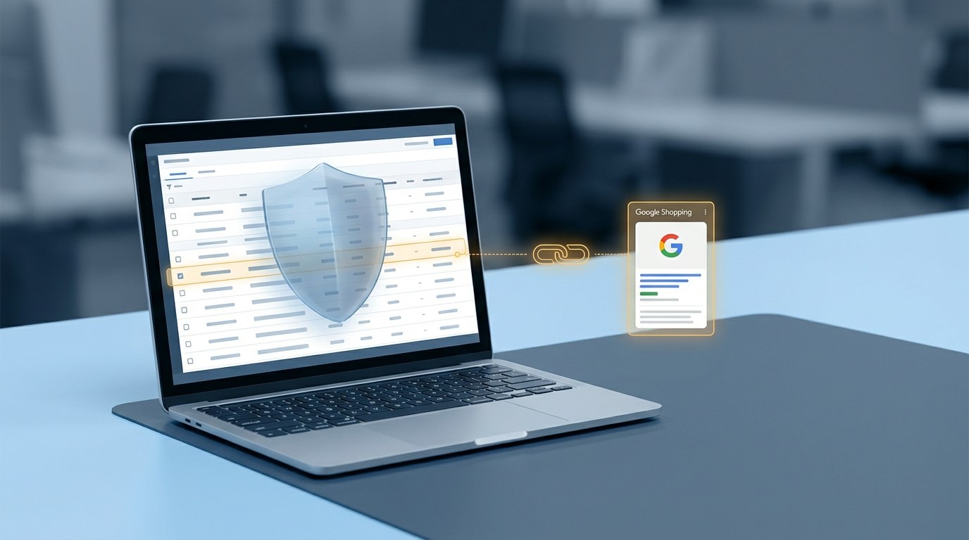 Laptop showing a product feed spreadsheet protected by a translucent shield, linked to a Google Shopping ad listing — illustrating how a clean feed safeguards AI-generated ads.