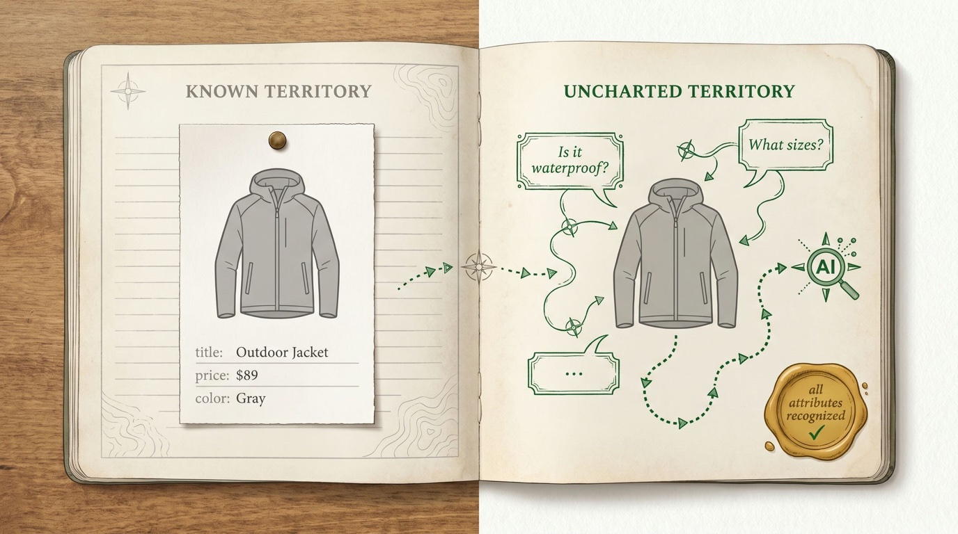Expedition field notebook mapping a product's journey from basic feed data to Google's new conversational attributes, with Q&A annotations and a route to AI shopping surfaces