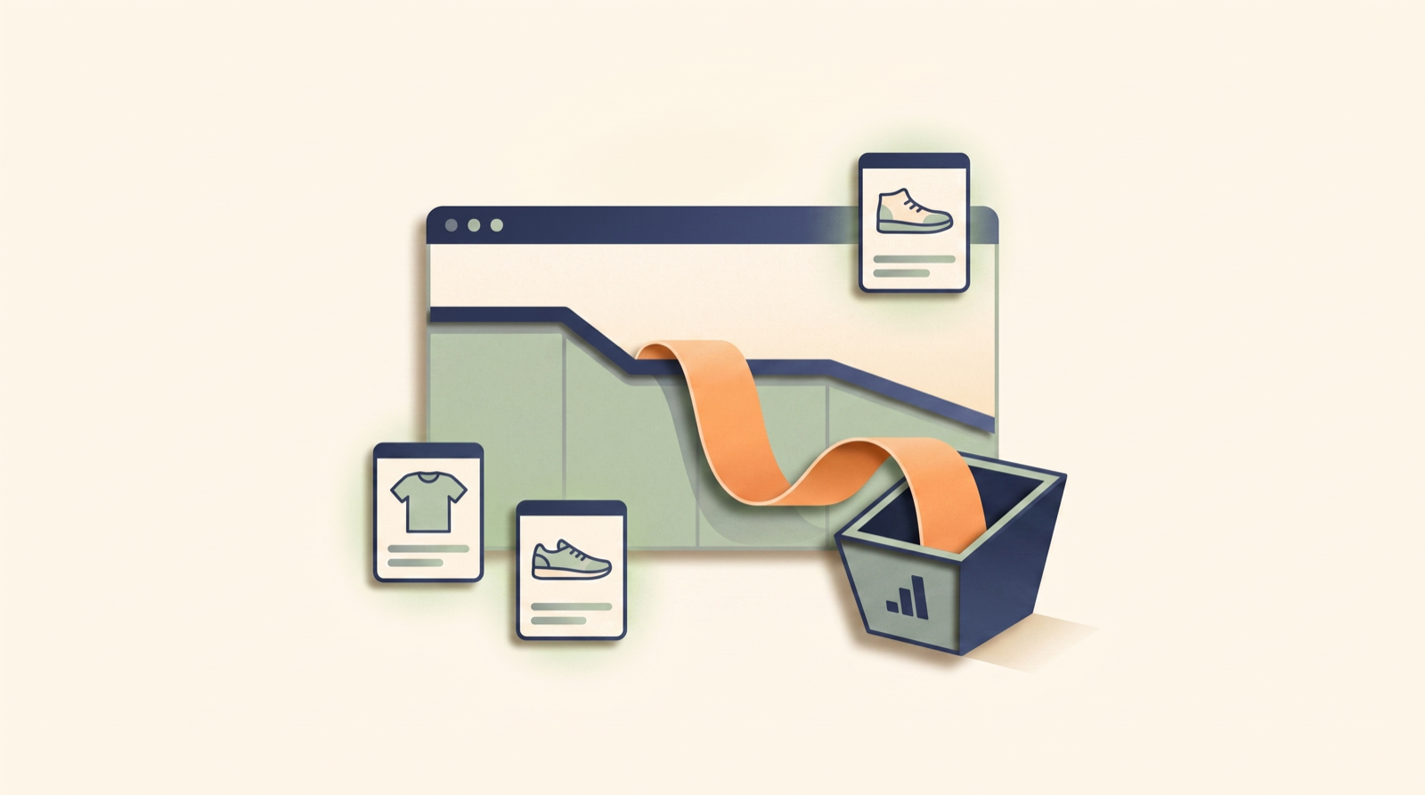 Editorial illustration: a store's Google Shopping performance line dips as one traffic slice is re-sorted into a separate bucket while its products stay healthy and approved — the number moved buckets, the shoppers didn't leave.
