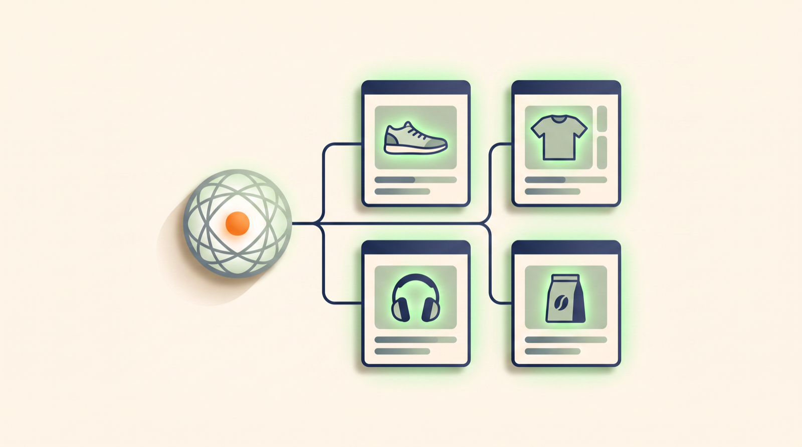 Editorial illustration of one AI agent — an orange hub — connected by thin navy lines to a whole portfolio of client storefronts on cream, one agent running many client feeds.