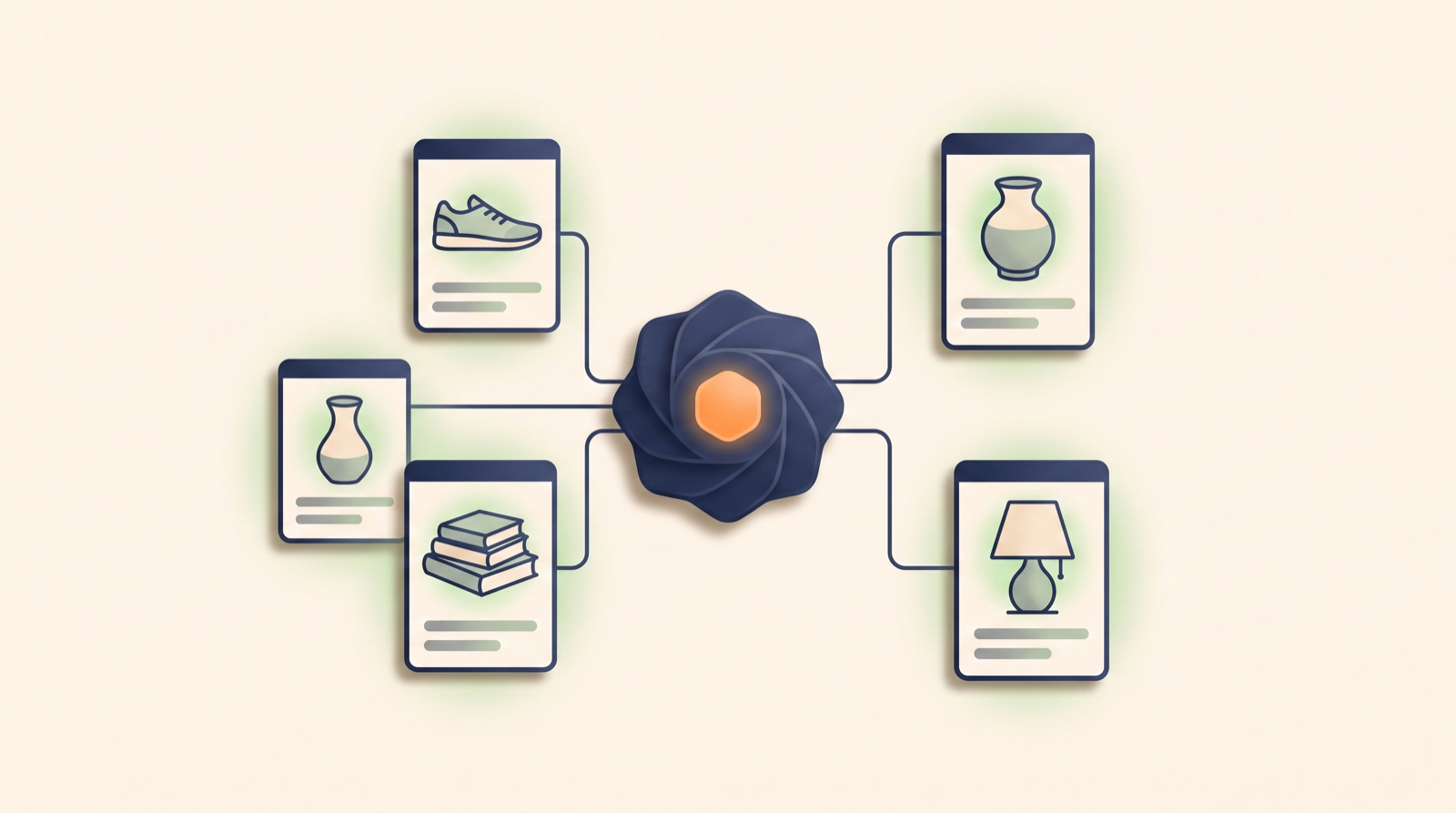 Editorial illustration of one central AI-agent hub connected to a constellation of client storefronts, in navy and warm orange on cream — one agent running an agency's whole portfolio.