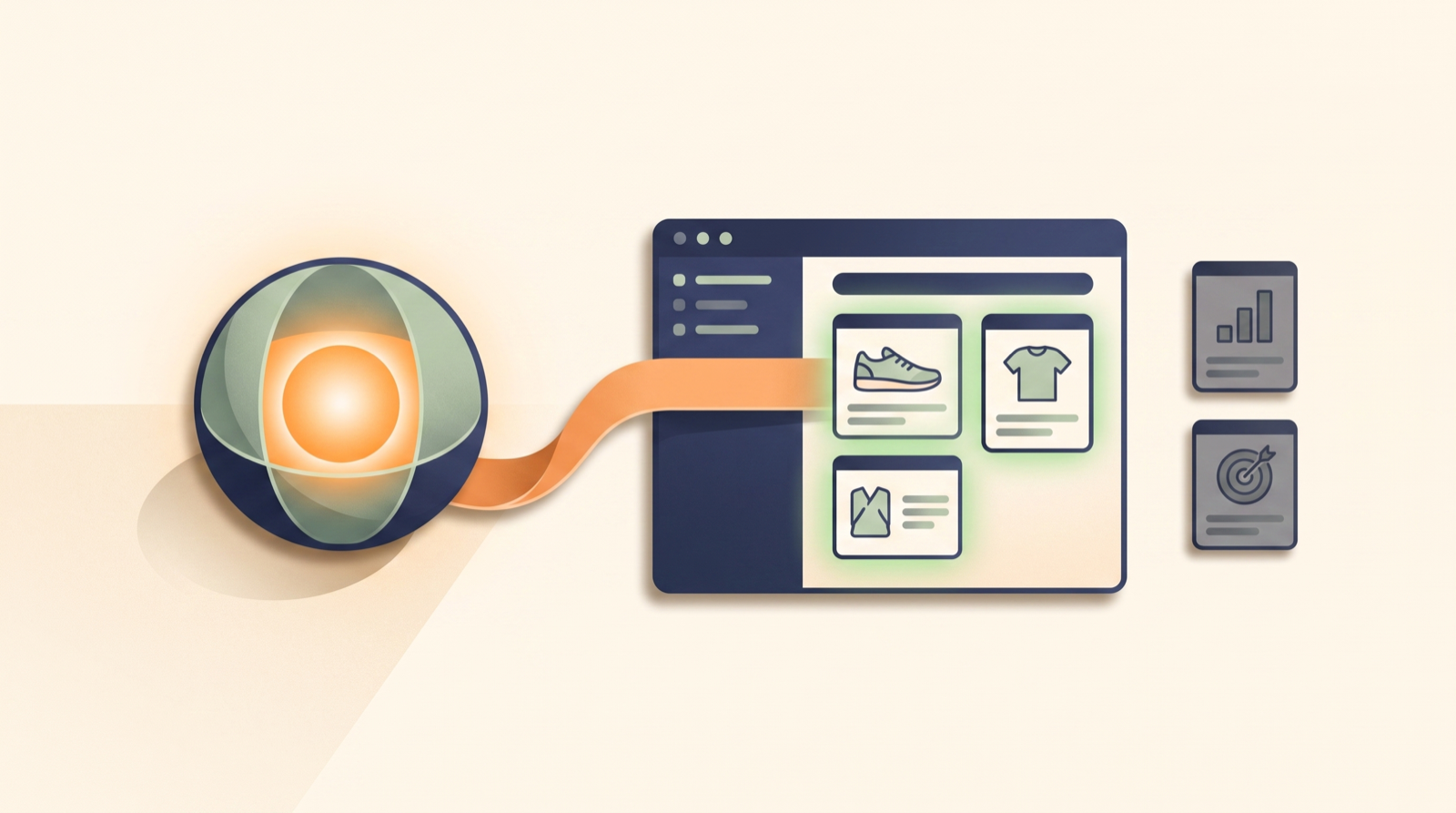 Editorial illustration: an AI agent connected to a clean, healthy Shopify product feed, with dimmed ads-campaign and analytics tiles set apart — the agent runs the feed; campaigns stay separate.